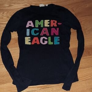 American Eagle Outfitters Black Long Sleeve Tee with Multicolor Letters